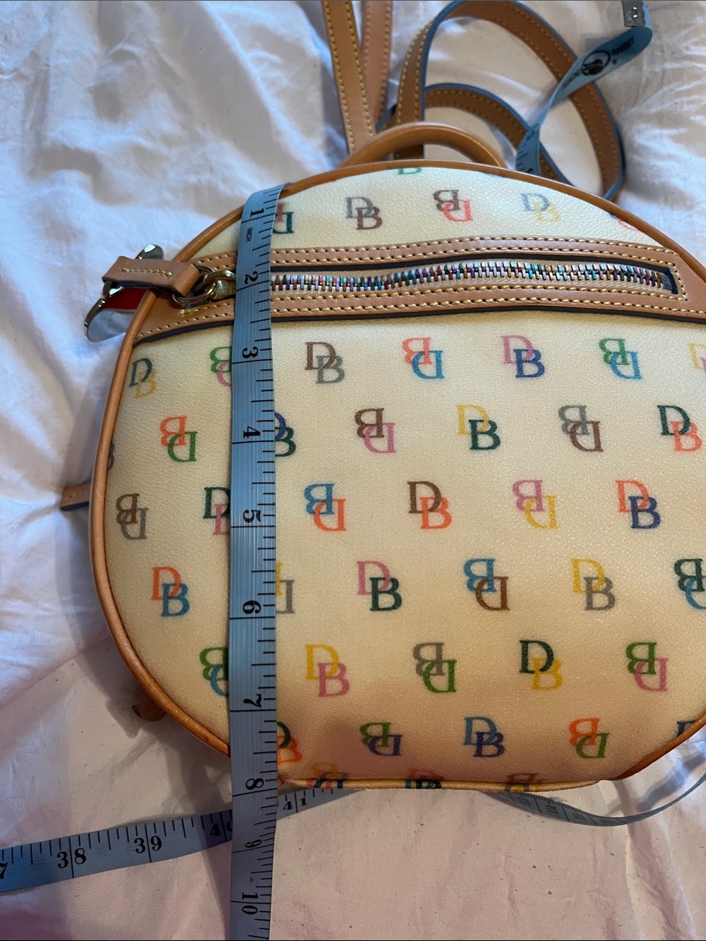 NWT Dooney & Bourke Cream Multicolor Logo Coated Canvas Backpack with Tan Trim - Picture 10 of 14